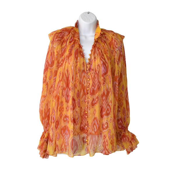 B8 NEW ZIMMERMANN Ikat Print Chiffon Brightside Frilled Blouse Top 2pc Set Sz 1 - Picture 2 of 12